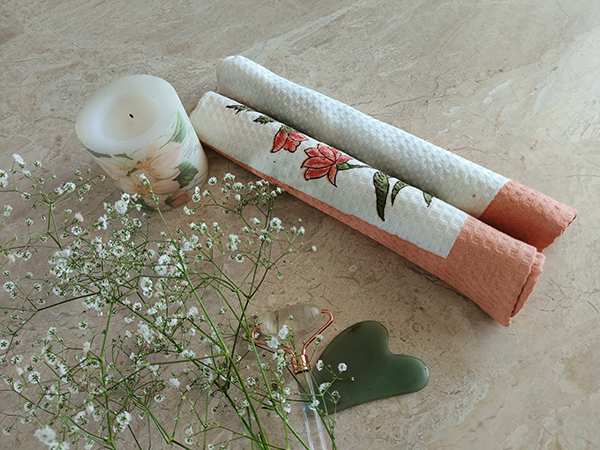 Hand-block Printed Peach Hand Towels